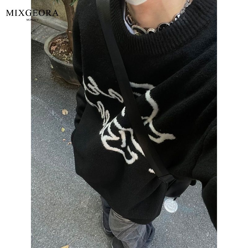 MIX GEORA American retro letter jacquard plush round neck sweater for men and women loose lazy couple knitted sweater
