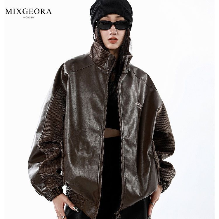 MIX GEORA拼接男女设计感立领pu皮甜酷外套潮美拉德机车皮衣夹克