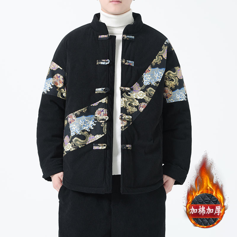 冬季中國風男裝加厚印花拼接棉衣棉服男古風古裝盤扣新中式襖子潮