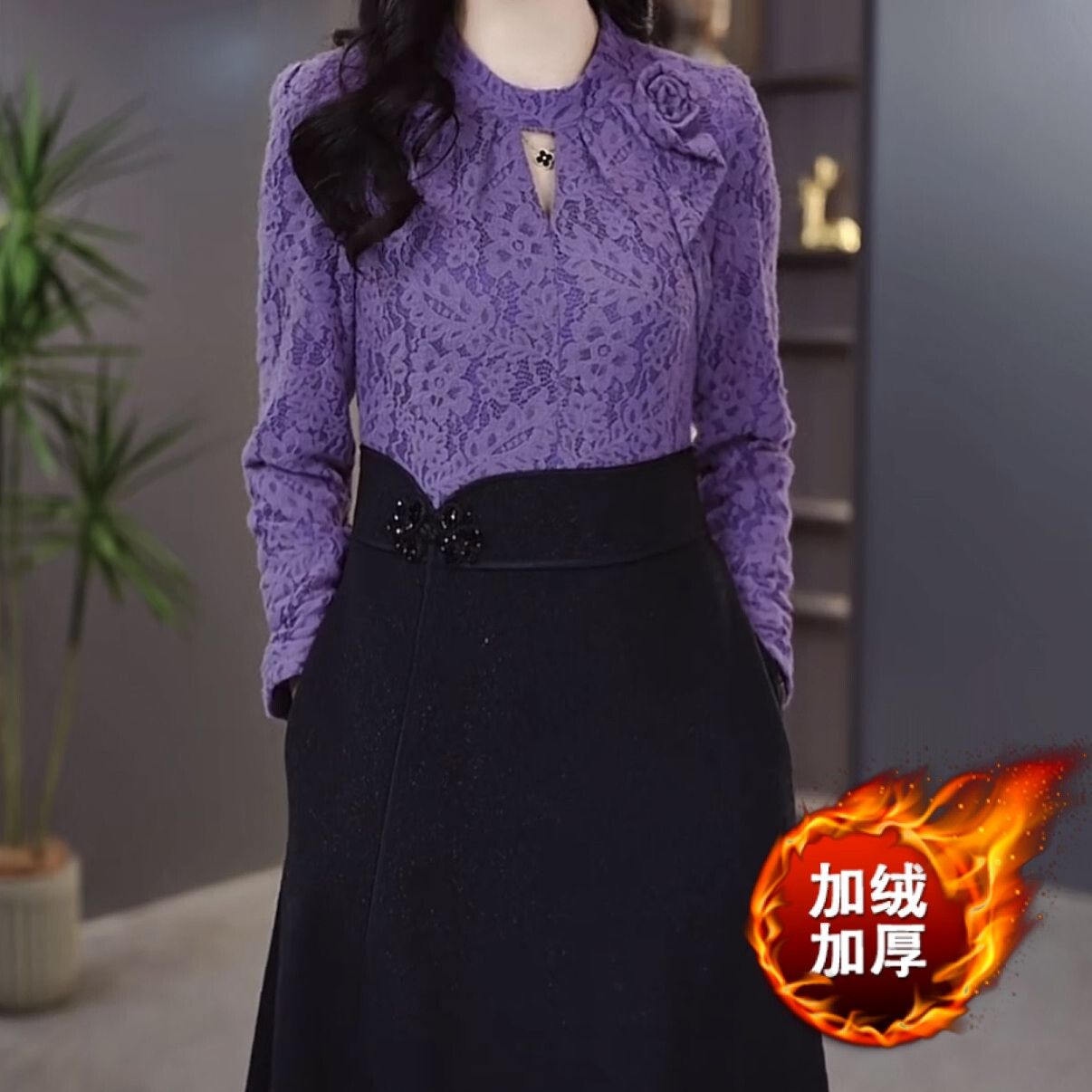 小香風加絨加厚鈎花刺繡蕾絲連衣裙2023新款秋冬女假兩件套裝裙子