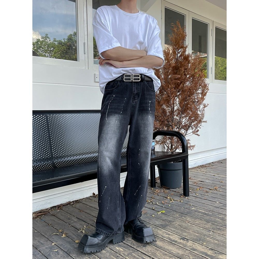 美式vibe高街潑墨水洗牛仔褲男復古小眾設計感磨白寬鬆直筒長褲潮