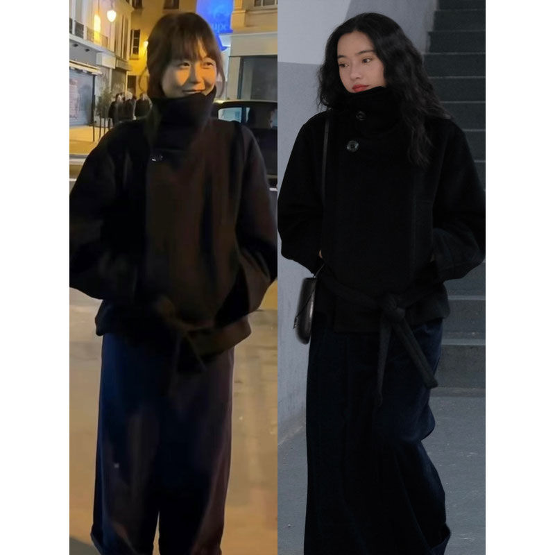 金敏喜同款巴黎夜晚短款毛呢外套加棉加厚小個子寬鬆立領廓形上衣