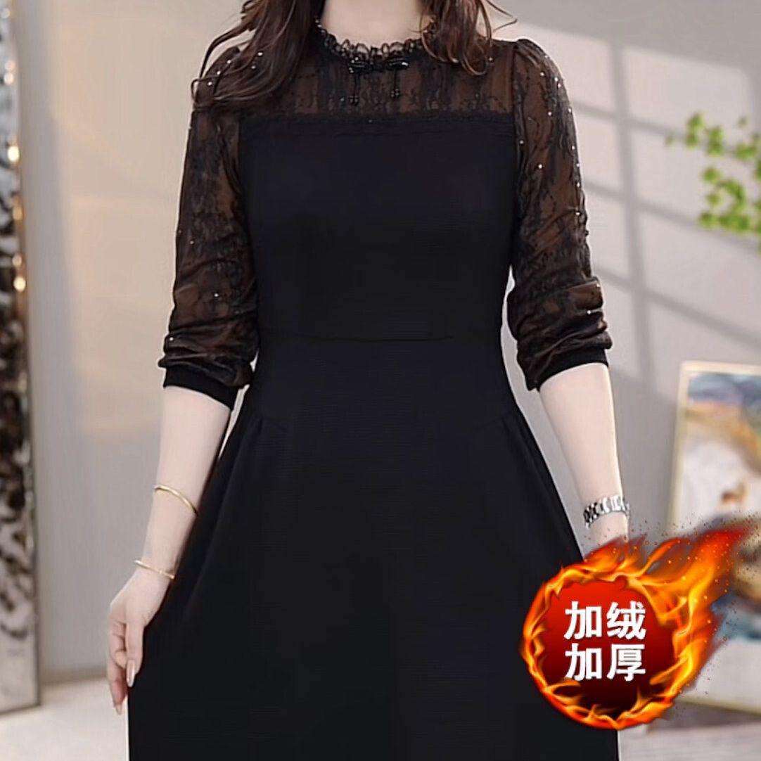 華夫格精紡連衣裙2023新款女裝秋冬加絨加厚法式顯瘦長袖蕾絲裙子