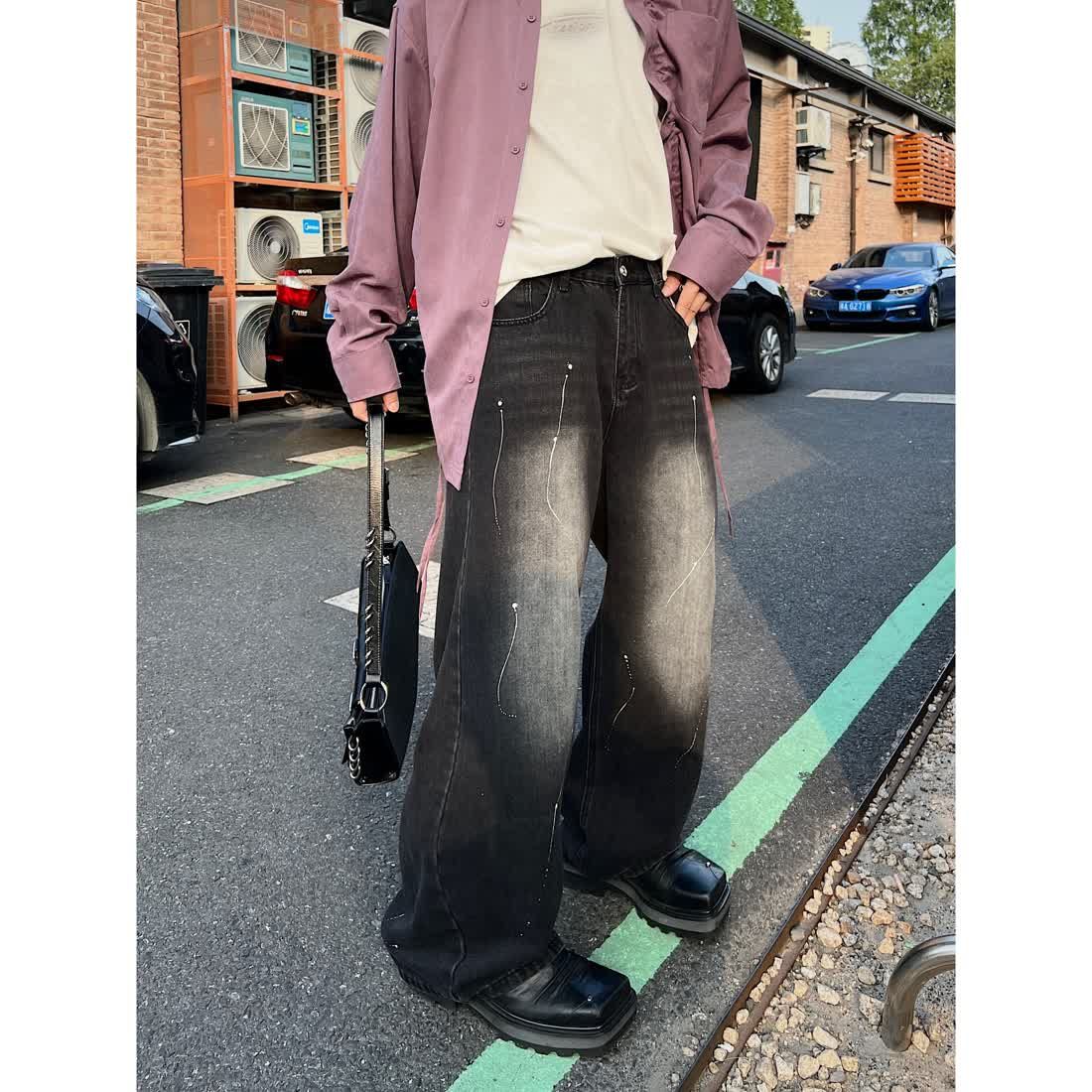 美式高街vibe褲子男潮牌復古潑墨牛仔褲男生寬鬆直筒磨白百搭長褲