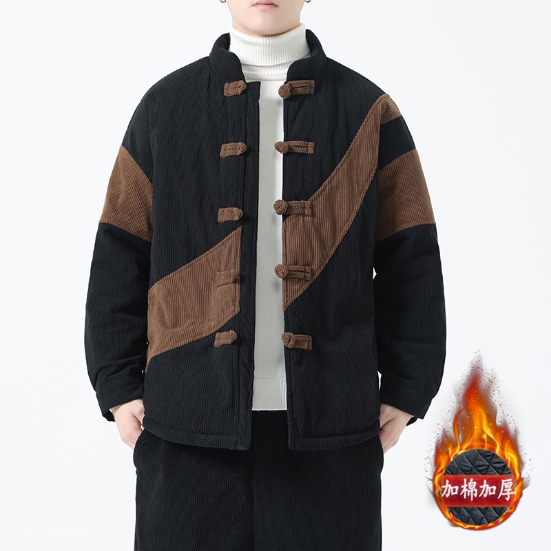 中國風冬季棉衣外套加厚保暖寬鬆大碼棉服新中式燈芯絨拼接棉襖男