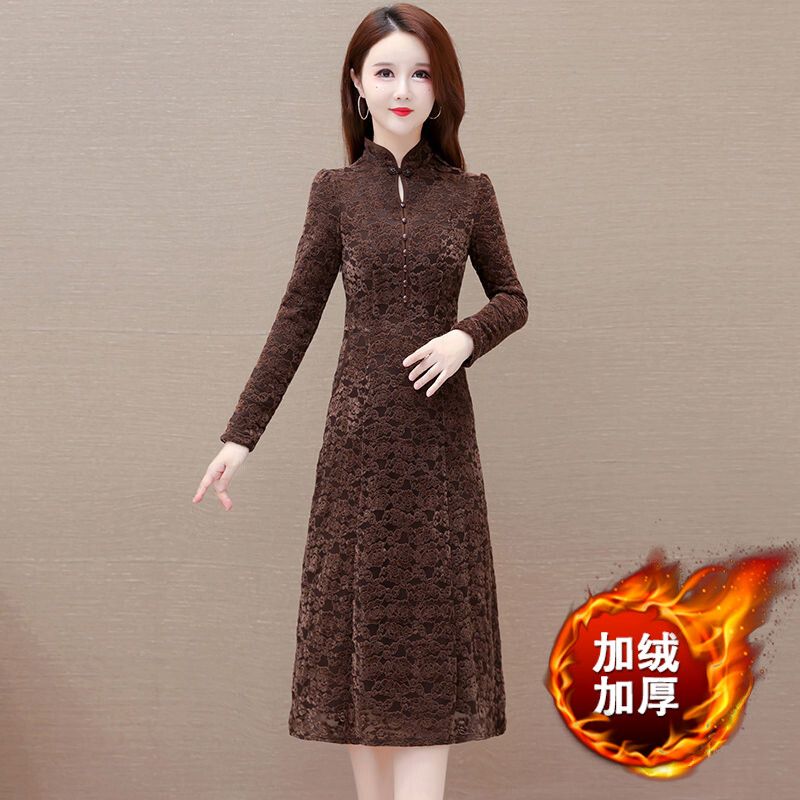 加絨加厚高檔秋冬季改良旗袍連衣裙女2023新女裝長袖洋氣植絨裙子