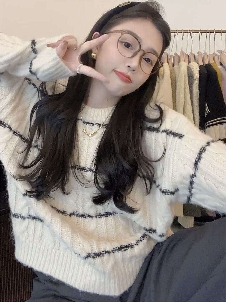 慵懶風設計感條紋毛衣女2023秋冬新款外穿內搭軟糯打底百搭針織衫