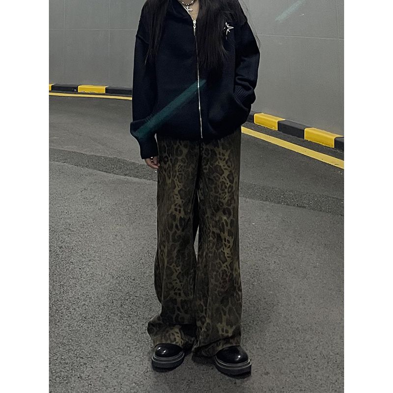 DAY NY新款美式復古豹紋牛仔褲男女直筒寬鬆長褲vintage休閒褲子