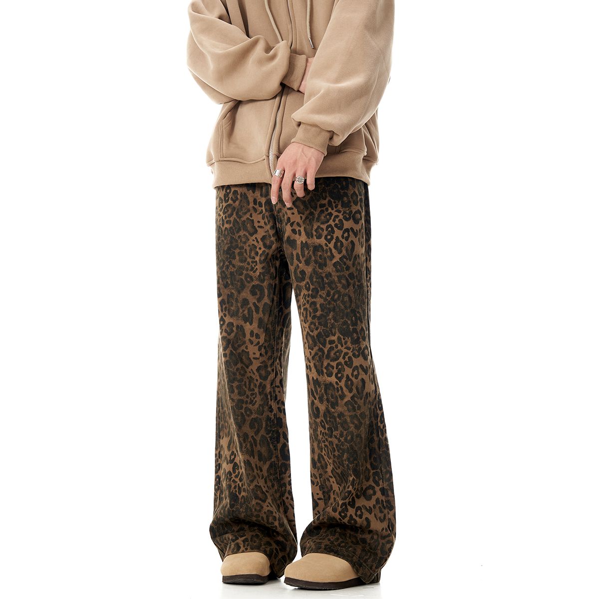 American retro leopard print jeans autumn and winter high street straight pants Cleanfit casual loose slimming pants for men and women