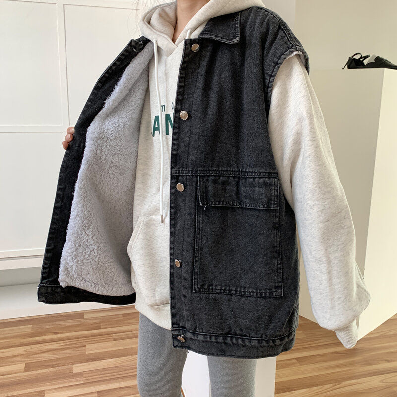 Denim vest women's autumn and winter Korean style loose bf workwear vest plus velvet thickened jacket casual versatile outer wear vest