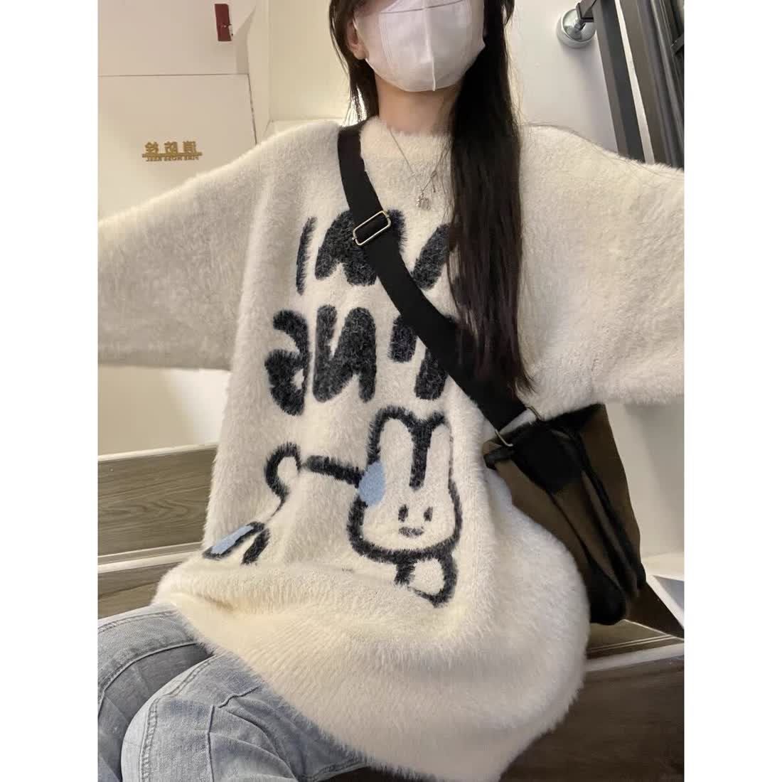 美式vintage卡通兔子針織毛衣女2023秋冬款寬鬆情侶休閒軟糯上衣