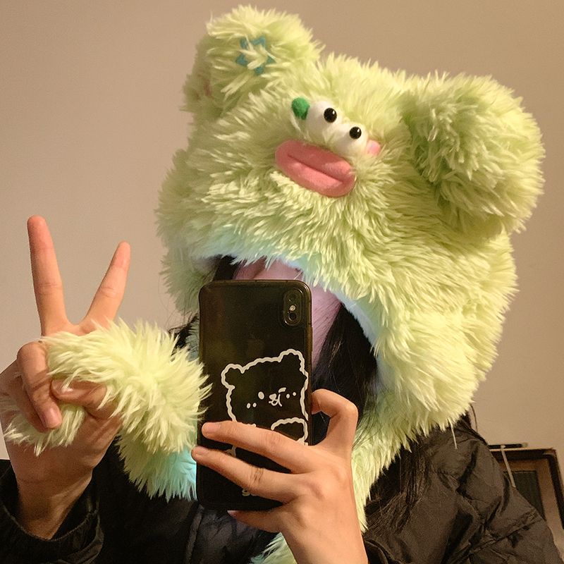 Cute and ugly plush hat for women in winter, warm plus velvet and thickened, funny ear protection Lei Feng hat for students to prevent the cold new style