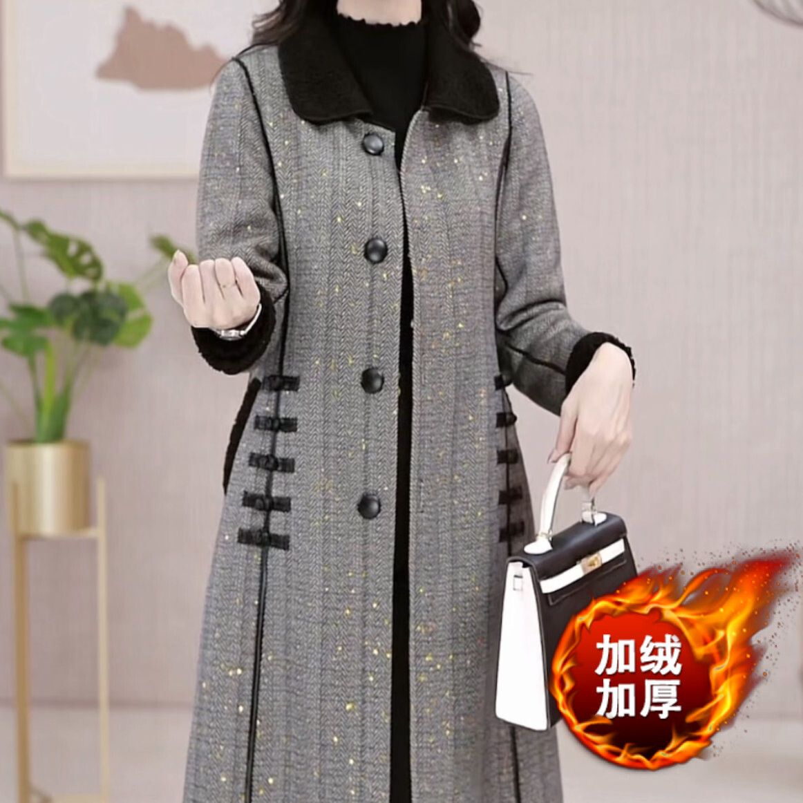 加絨加厚色織精紡外套女中長款2023新款秋冬款圈圈絨輕奢高檔大衣