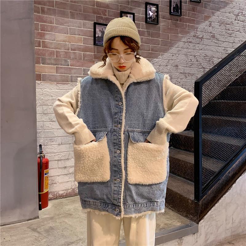 New autumn and winter Korean style loose slimming thickened vest women's waistcoat versatile plus velvet denim jacket women's trendy tops