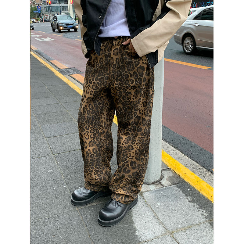 EAHO 美式高街復古豹紋休閒長褲男女寬鬆闊腿直筒潮牌炸街小眾潮