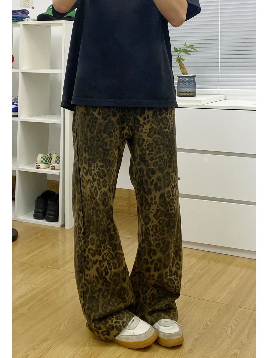 原創美式復古豹紋設計牛仔褲情侶直筒顯瘦寬鬆男女vintage休閒褲