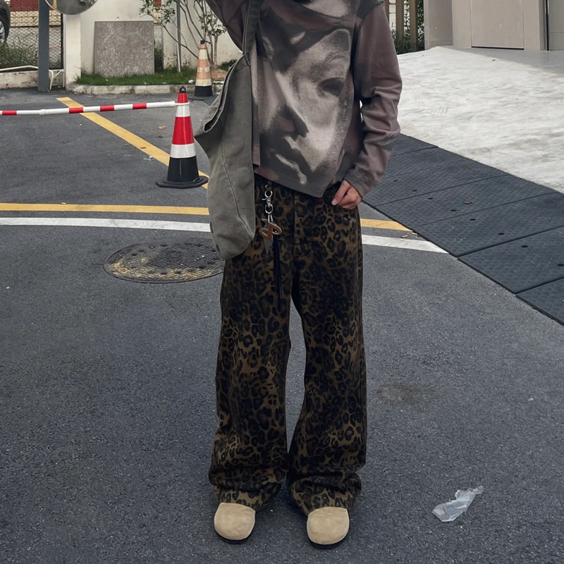 歐美高街豹紋直筒牛仔褲男秋季新款設計感小眾寬鬆休閒闊腿拖地褲