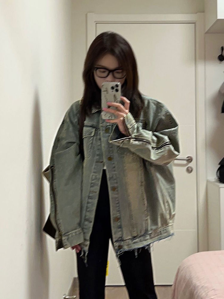 Spring and Autumn Hong Kong Style Retro Loose Slim Long Sleeve Denim Jacket Women's Versatile Washed Distressed Design Niche Top