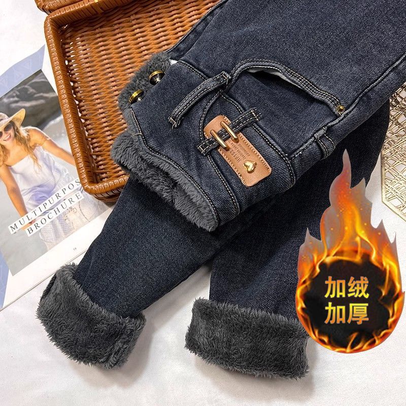 加絨加厚牛仔褲女冬季2023年新款緊身顯瘦高腰九分鉛筆褲小腳靴褲