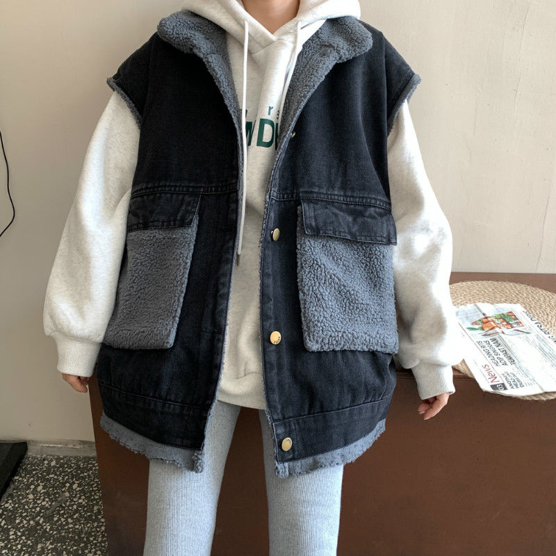 2023 autumn and winter new style velvet thickened denim vest jacket for small women loose Korean style vest outer wear
