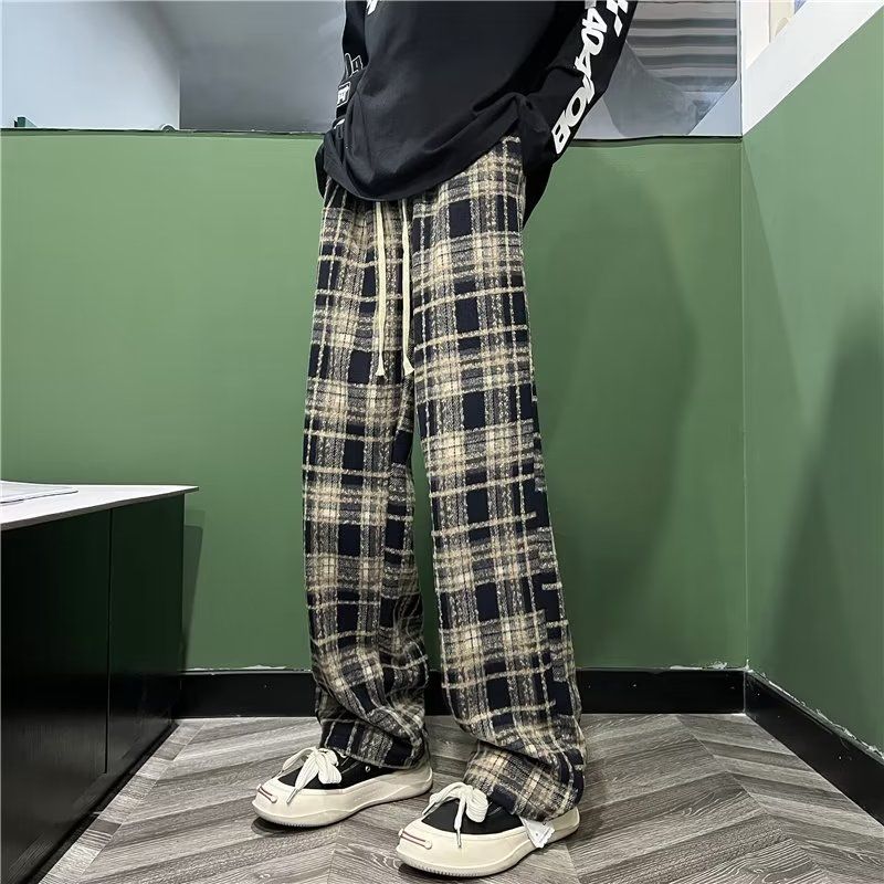 American high street wide-leg woolen pants for men in autumn and winter vibe retro plaid casual trousers trendy brand loose straight pants