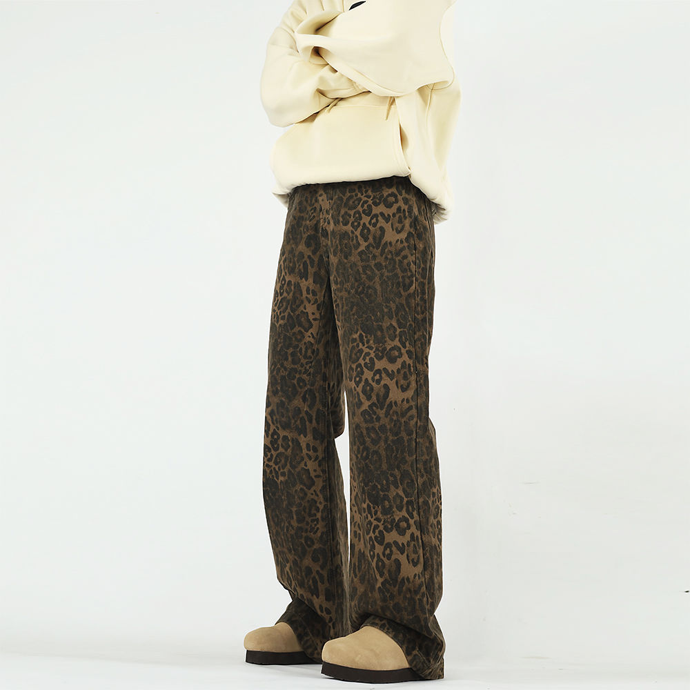 American retro leopard print design jeans for men and women ins fashion brand straight slimming loose vintage casual wide pants
