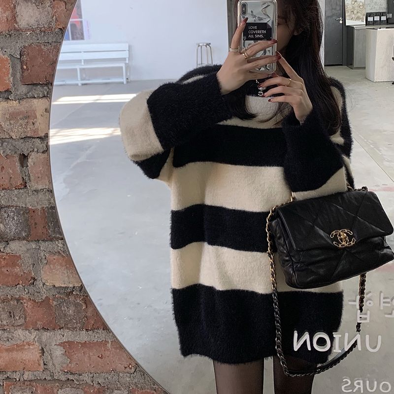 秋冬新款復古黑白條紋洋氣毛衣女寬鬆溫柔風小個子內搭套頭針織衫