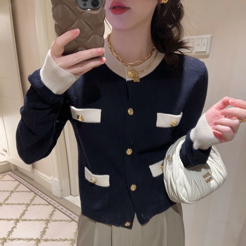 金扣小香風圓領開衫女2023新款秋冬高級感氣質撞色針織外套毛衣