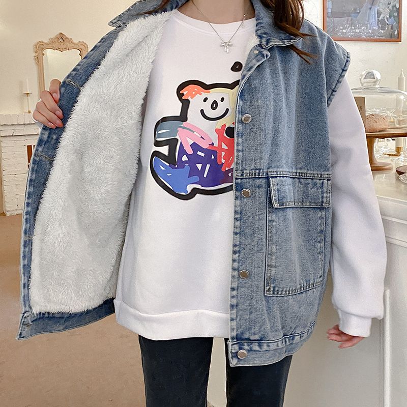 Women's waistcoat denim vest women's autumn and winter new Korean style thickened denim vest versatile layering plus velvet jacket trendy