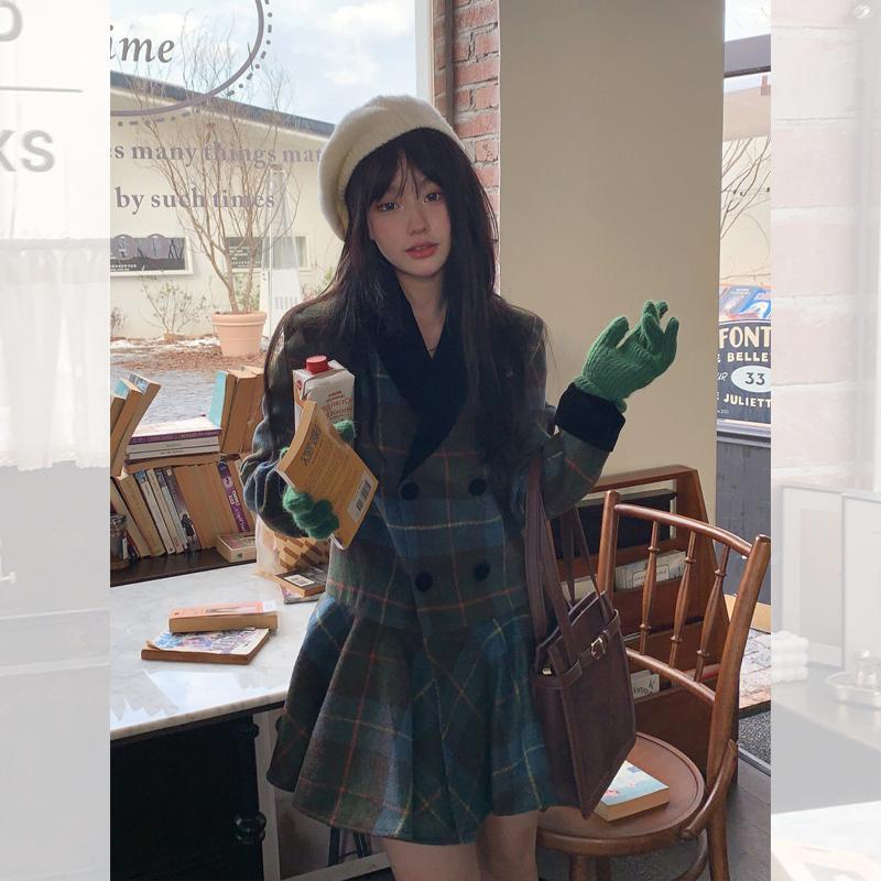 學院風格子西裝連衣裙女秋冬新款獨特别致可甜可鹽法式茶歇短裙子
