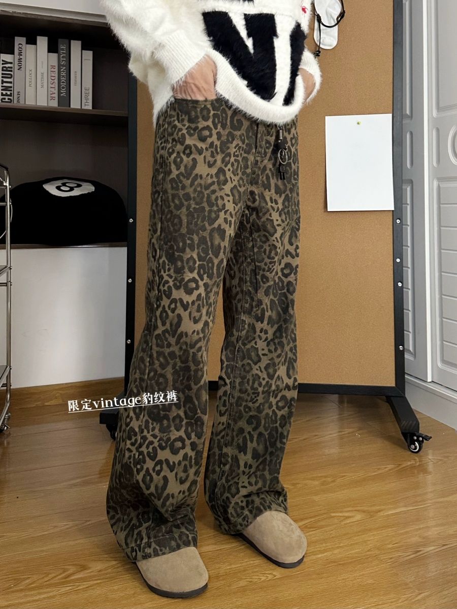 Cleanfit新款美式復古豹紋牛仔褲直筒寬鬆男vintage休閒拖地褲子