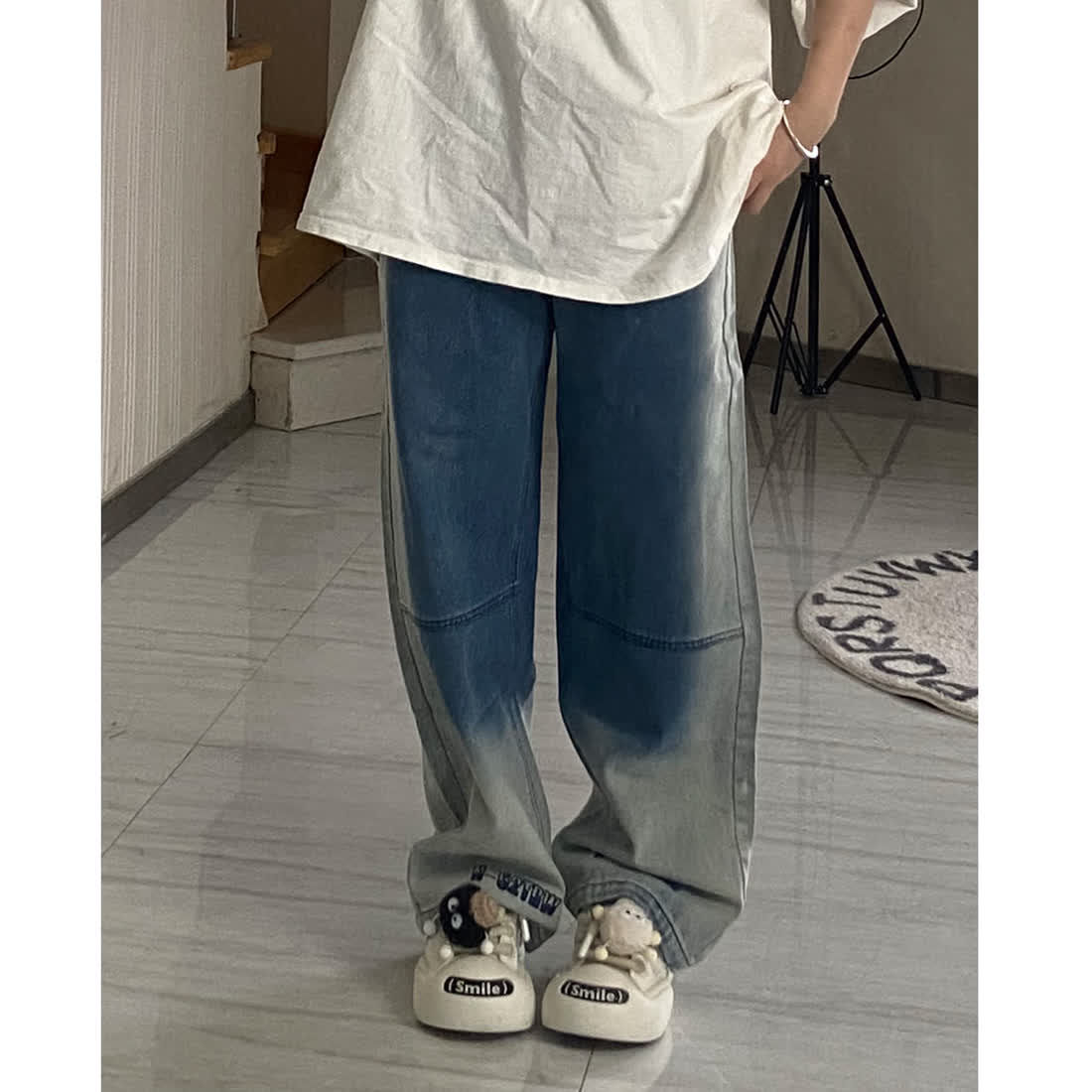 美式vibe潮牌漸變色牛仔褲男女寬鬆闊腿拖地褲高腰水洗長褲ins潮