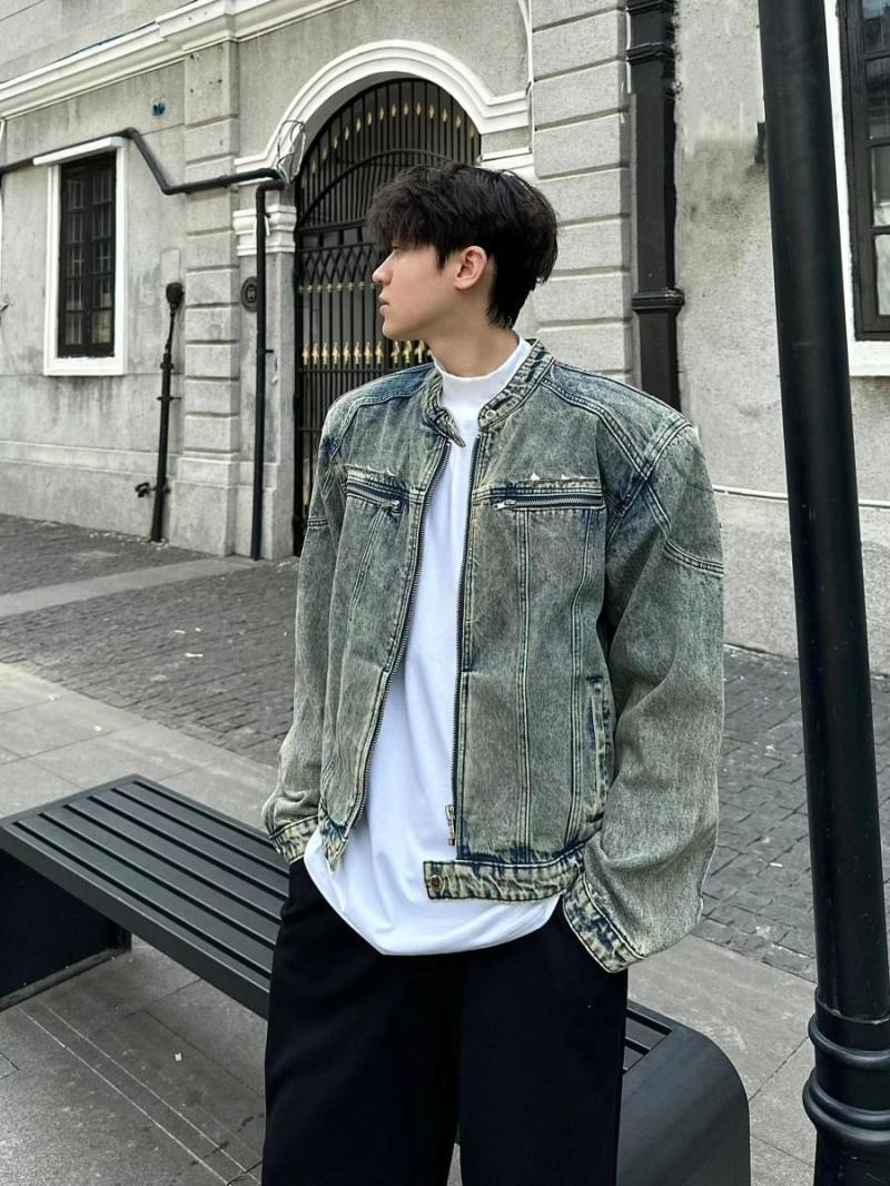 cleanfit black shoulder pad denim jacket men's high-end handsome American retro washed trendy motorcycle jacket