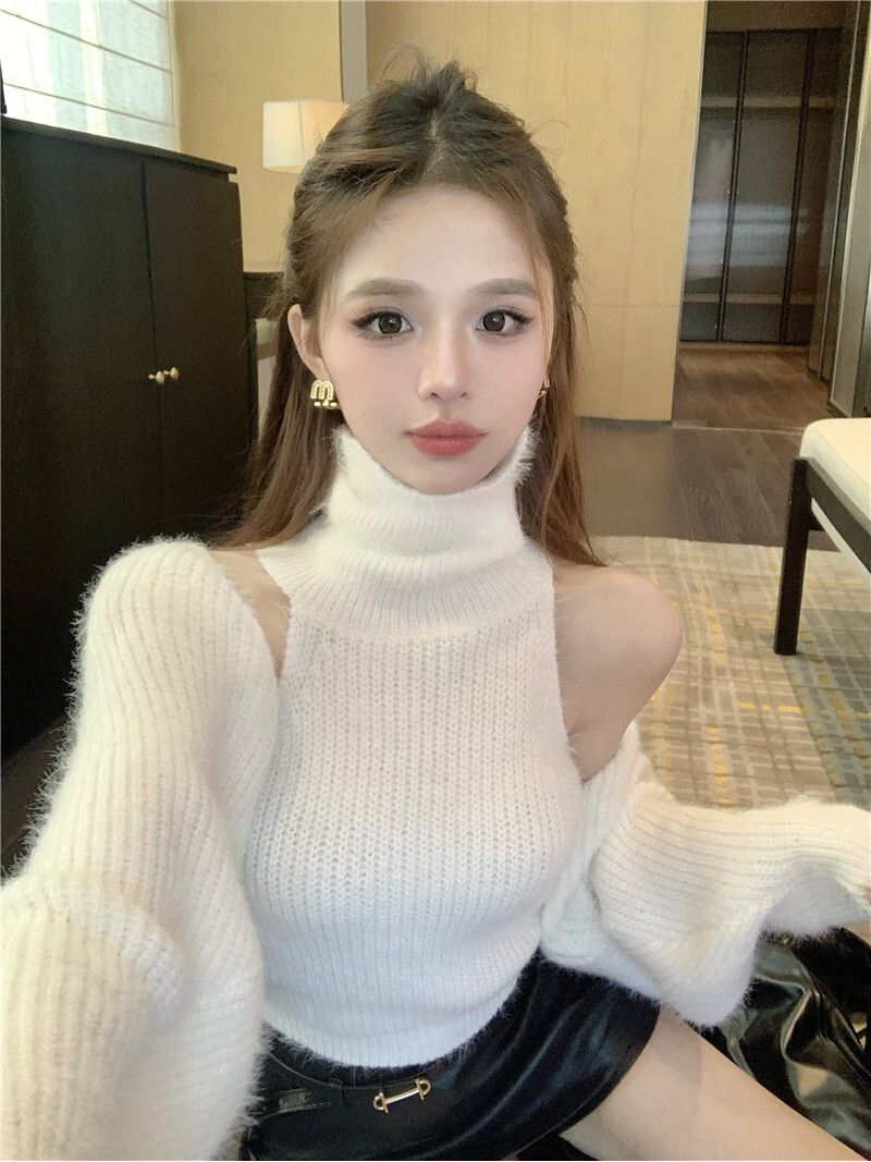 美式百搭仿貂絨毛衣套裝女秋冬純欲辣妹性感高領針織打底衫兩件套