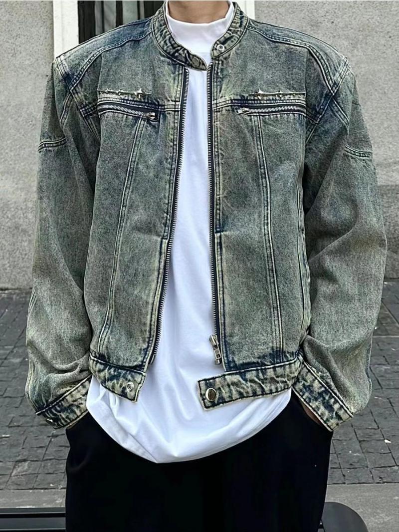 cleanfit black shoulder pad denim jacket men's high-end handsome American retro washed trendy motorcycle jacket