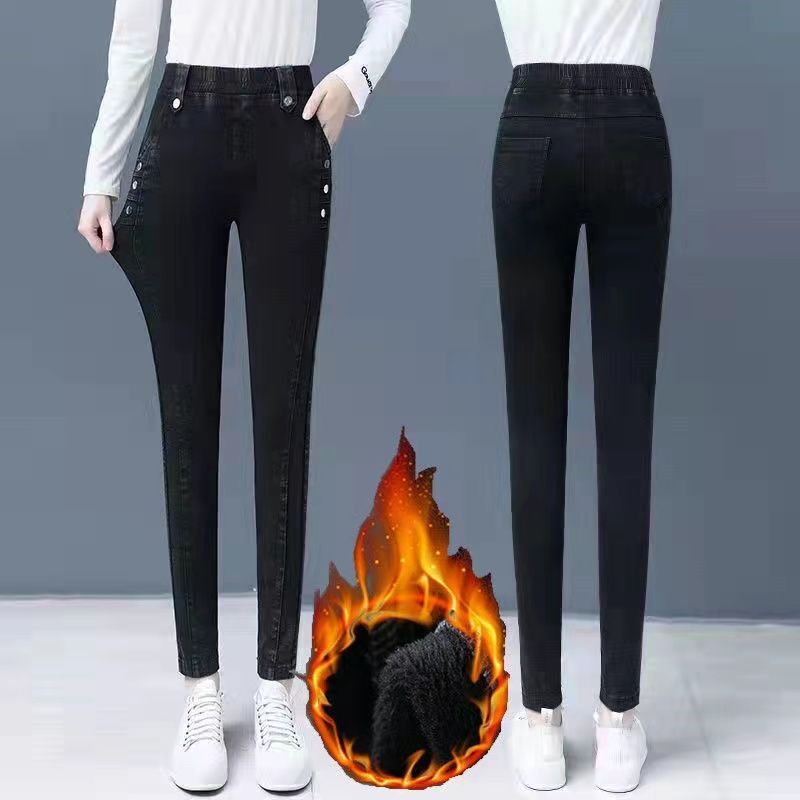 高品質高腰大碼牛仔褲女2023秋冬新款胖mm彈力修身顯瘦緊身小腳褲