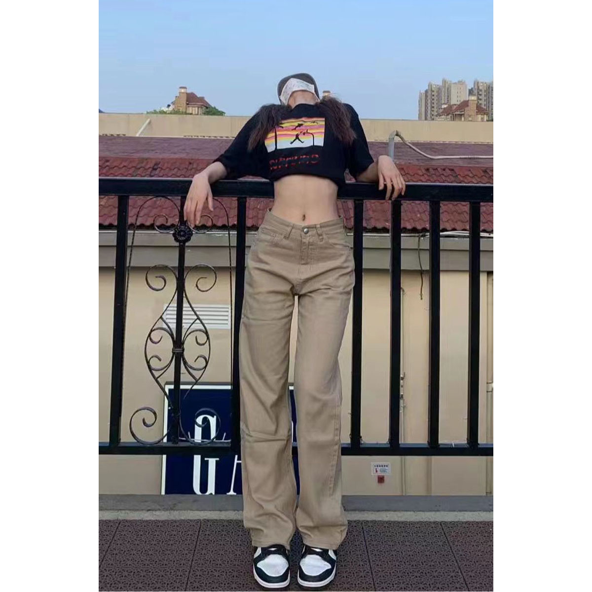 高個子加長版卡其色牛仔褲女秋冬高腰顯瘦直筒寬鬆闊腿拖地褲子潮