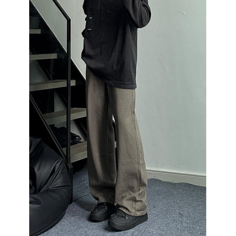 棕色废土风裤子男美式复古微喇牛仔裤vintage加长高个子直筒长裤