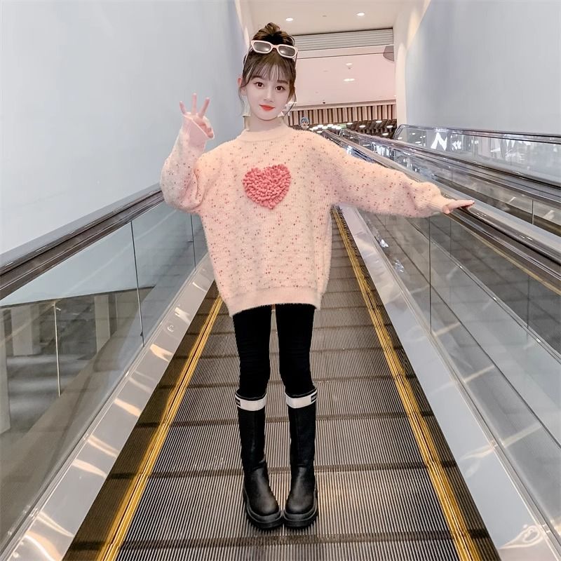 女童水貂絨毛衣套頭新款洋氣秋冬款中小童愛心兒童打底針織衫上衣