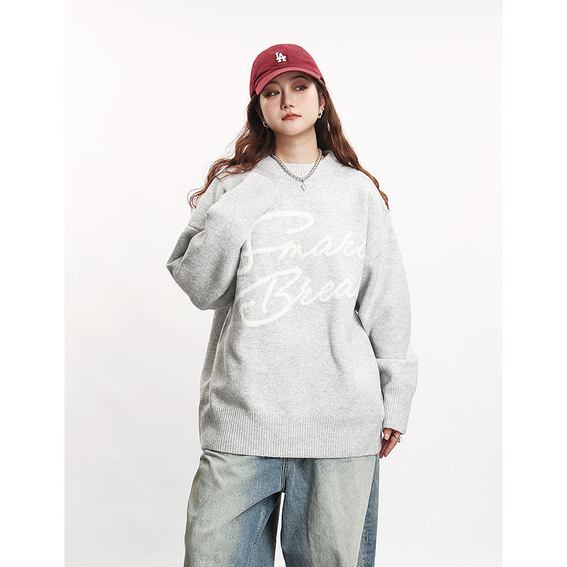 National trend letter jacquard lazy style loose casual sweater for men and women high street pullover round neck letter design sweater