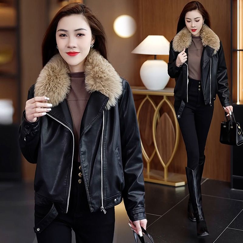 加絨加厚皮衣外套女2023秋冬新款大毛領洋派百搭皮夾克上衣潮