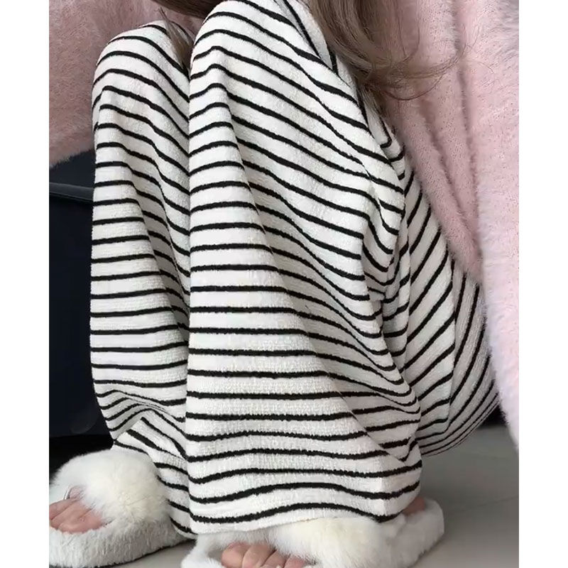 黑白條紋闊腿褲女秋冬新款高腰垂感寬鬆直筒休閒顯瘦小個子針織褲