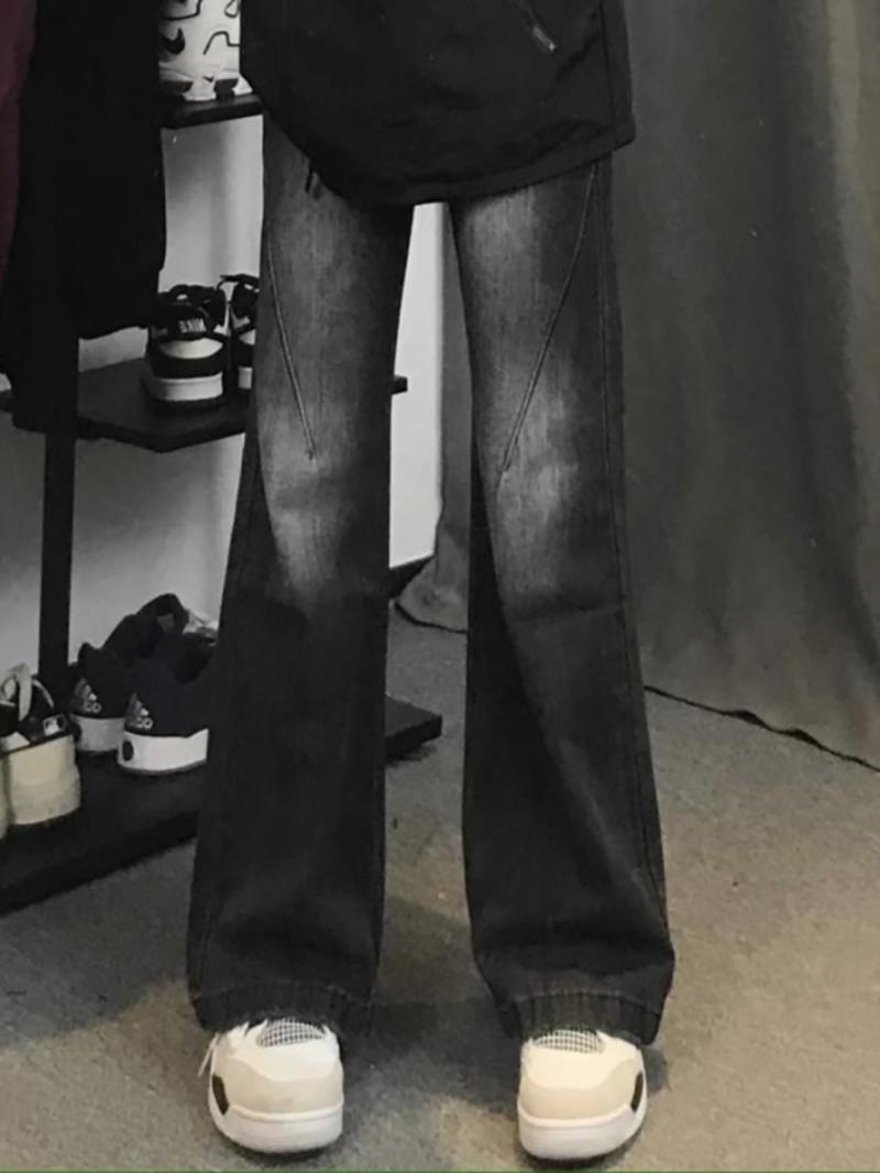美式做舊水洗復古顯高顯瘦牛仔褲男女高級感寬鬆休閒百搭微喇長褲