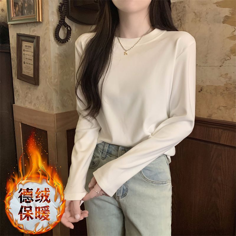 2023年秋季新款保暖磨毛加厚圓領打底衫女裝白色t恤內搭別致上衣