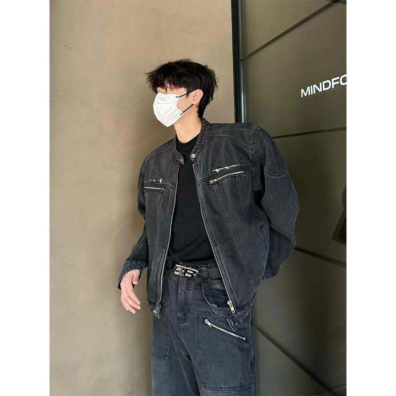 cleanfit black shoulder pad denim jacket men's high-end handsome American retro washed trendy motorcycle jacket