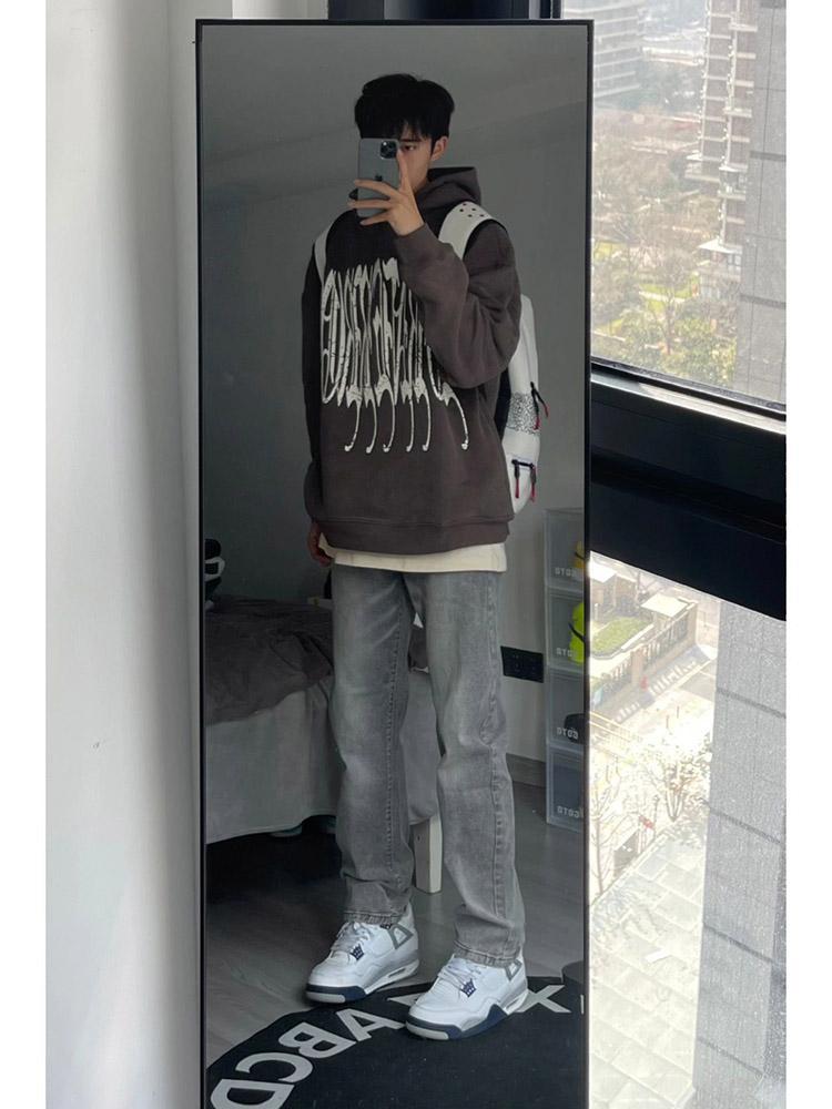 美式復古vibe褲子高街潮牌煙灰色牛仔褲男秋季cleanfit直筒微喇褲
