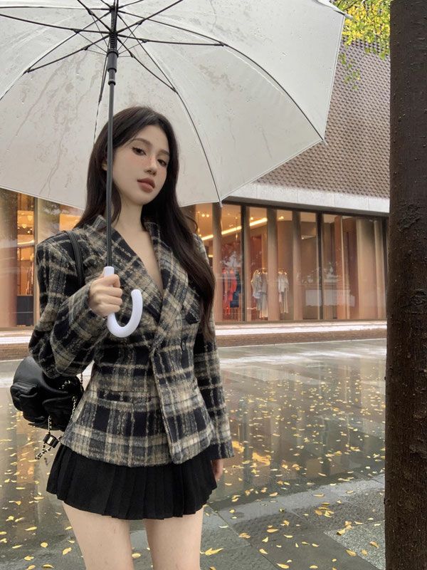 復古加厚格子西裝毛呢外套女秋冬季長袖收腰小西服雙排扣修身上衣