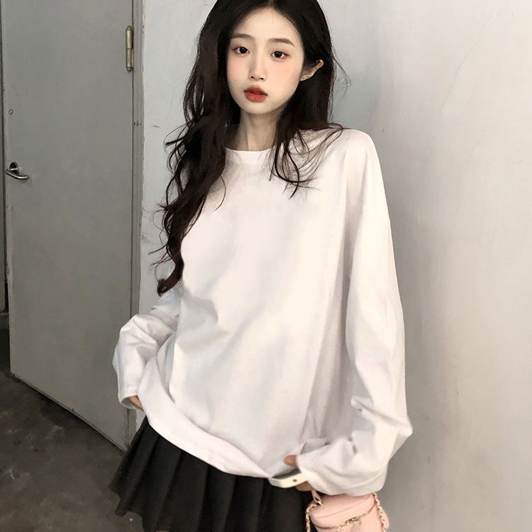 100%純棉長袖T恤女2023秋季新款學生韓版寬鬆純色打底衫上衣ins潮