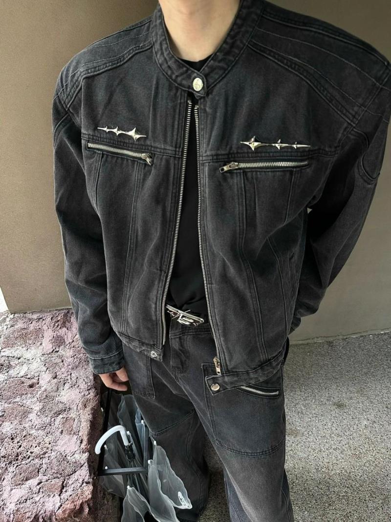 cleanfit black shoulder pad denim jacket men's high-end handsome American retro washed trendy motorcycle jacket