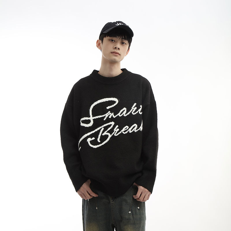 American retro black sweater for men high-end letter jacquard plush versatile casual trendy brand round neck lazy sweater